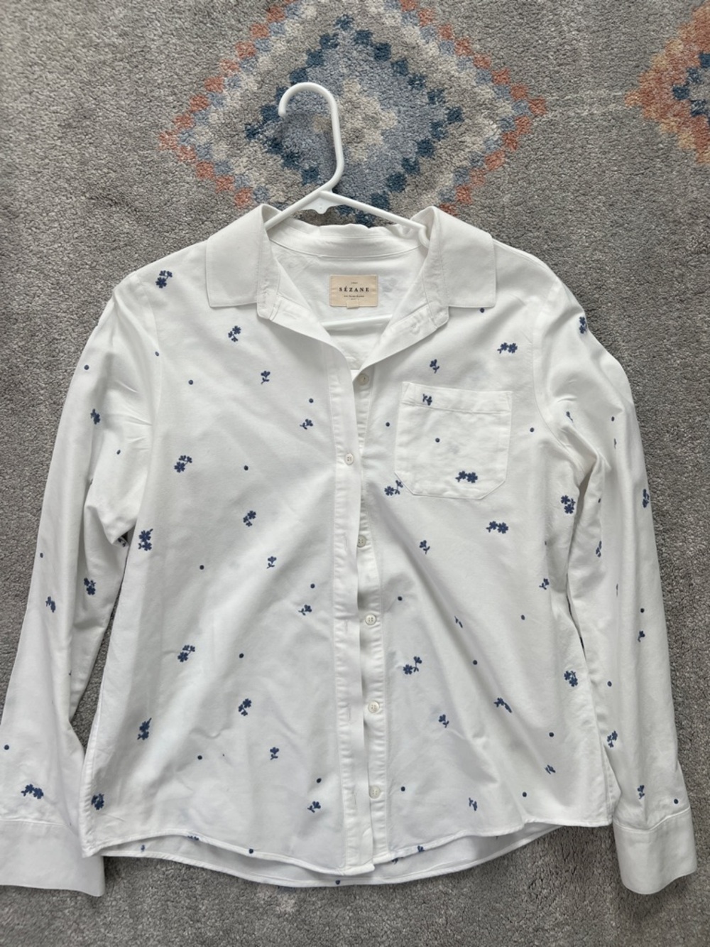 Sezane White Button-Down Shirt with Blue Micro Floral